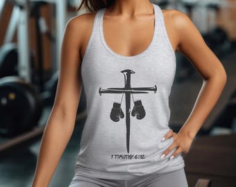 Faith Workout Racerback Tank | 1 Timothy 6:12 Christian Gym Top