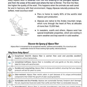 May include: Informational graphic about Alpaca wool, including details on its origin, properties, and benefits. The text highlights the wool's softness, warmth, and hypoallergenic qualities. A map of Peru is also included.