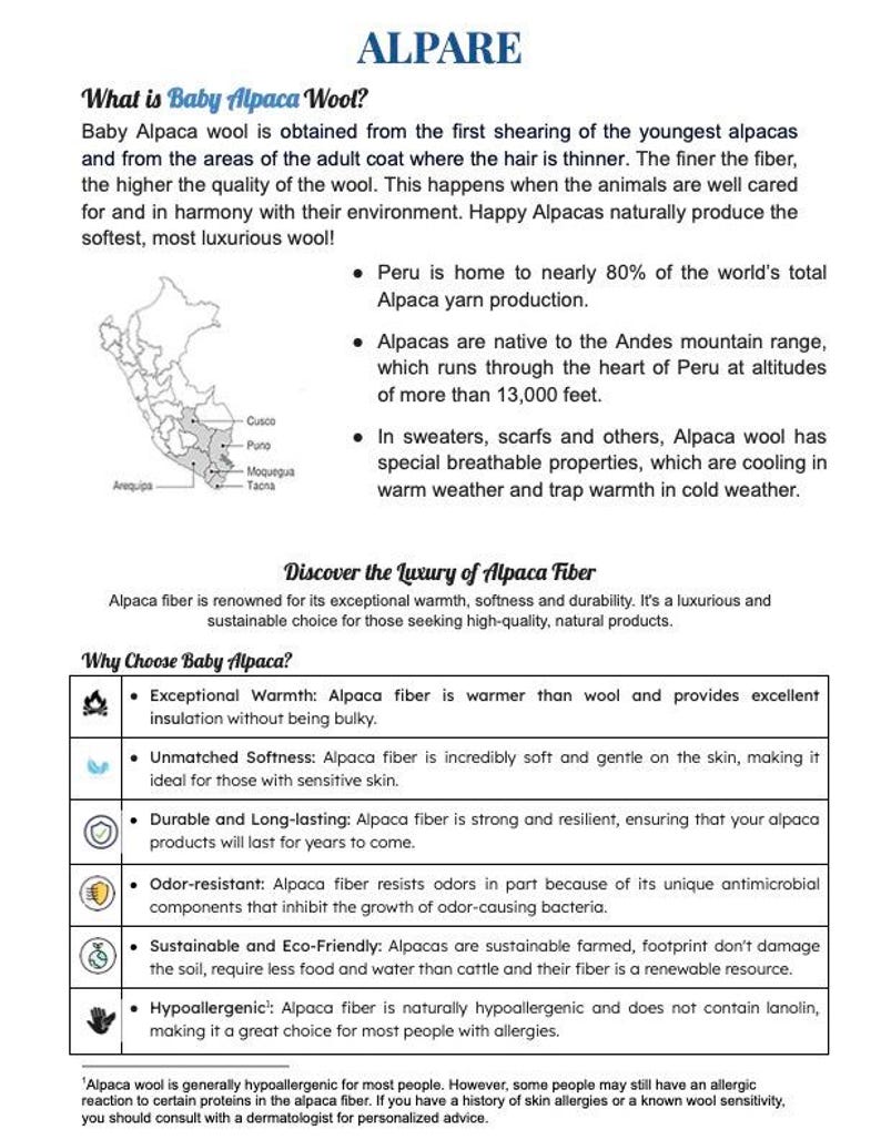 May include: Informational graphic about Alpaca wool, including details on its origin, properties, and benefits. The text highlights the wool's softness, warmth, and hypoallergenic qualities. A map of Peru is also included.