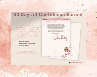 Może przedstawiać: Reklama cyfrowego dziennika 30 Days of Confidence. Dziennik ma na celu pomóc ludziom rozwijać pewność siebie, wiarę i cel. Zawiera codzienne cytaty, refleksje i podpowiedzi do działania. Okładka zawiera tekst "30 Days of Confidence Journal".