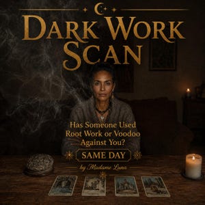 May include: An image with the text "DARK WORK SCAN" and the question "Has Someone Used Root Work or Voodoo Against You?" A woman sits at a table with tarot cards and a lit candle. The text "SAME DAY by Madame Luna" is also present.
