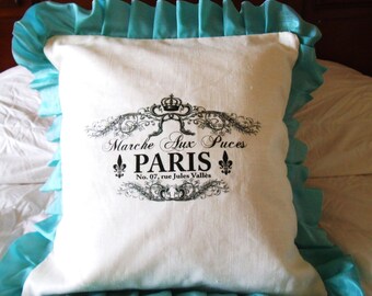 FREE SHIPPING ROMANTIC White Linen Paris Ribbon Ruffle Pillow Cover (1129)