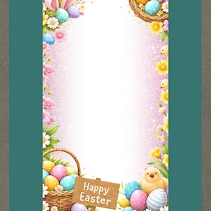 以下が含まれることがあります： ピンクのグリッターの背景を持つ、イースターをテーマにしたデジタルフレーム。フレームは、カラフルなイースターエッグ、花、バスケット、そして「Happy Easter」と書かれた木製の看板で飾られています。黄色いひよこもいます。