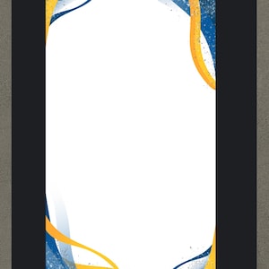 May include: A vertical design with a white centre, framed by a black border. The design features blue and yellow curved lines with a speckled texture, creating a modern and abstract aesthetic. The bottom right corner has a logo that says "SNAP DESIGNS".
