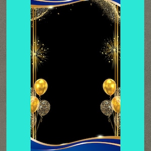 Może przedstawiać: Cyfrowa konstrukcja ramki z czarnym tłem, złotymi akcentami i niebieską obwódką. Złote balony i błyszczące konfetti znajdują się na dole. Projekt zawiera tekst "SNAP DESIGNS" w prawym dolnym rogu.