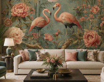 Pink Flamingo Chinoiserie Wall Mural, Luxury Botanical Wallpaper