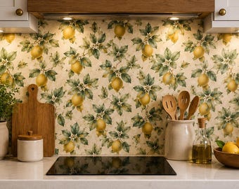 Mediterranean Lemon Branch Wallpaper, Vintage Citrus Botanical Peel and Stick Wallpaper, French Country Kitchen Decor