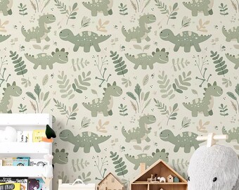Papel pintado de dinosaurios, decoración infantil en verde salvia para guardería, mural de pared autoadhesivo.
