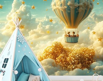 Hot Air Balloon Kids Wall Mural, Magical Sky & Stars Wallpaper, Fantasy Cloud Nursery Mural,Dreamy Balloon Kids Room Decor,Custom Size Mural