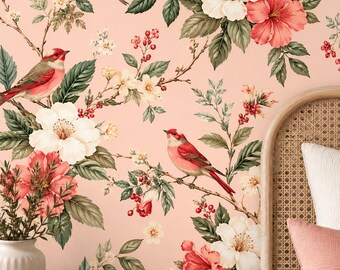Blush Botanical Bird Wallpaper, Vintage Floral Bird Pattern, Romantic Garden Wallpaper, Peel and Stick Wallpaper