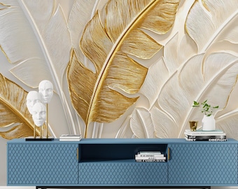 Gold & White Elegant Leaf Wall Mural, Neutral Palm Leaves Wallpaper, Peel and Stick Removable Wallcovering