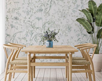 Sage Green Meadow Wallpaper Peel And Stick, Boho Wildflower Botanical Wall Mural, Nature Scenic Removable Wall Decor