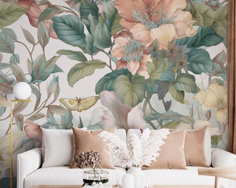 Papel tapiz floral botánico vintage, mural de pared de flores en tonos pastel suaves, elegante decoración de pared autoadhesiva.