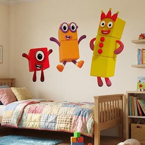 May include: A brightly decorated children's bedroom with a wooden bed and colourful bedding. Cartoon number characters are on the wall. Bookshelves, toys, and a window with curtains create a playful atmosphere.