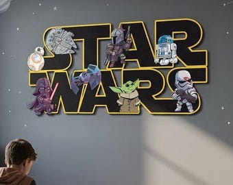 Letrero personalizado de Star Wars, decoración de pared de madera personalizada de Star Wars, placa con nombre para habitación infantil impresa en vinilo, regalo para habitación de niño