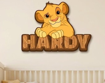 Placa de madeira personalizada com nome da Disney para quarto infantil, decoração de parede personalizada com tema do Rei Leão, placa de nome impressa em vinil para berçário.