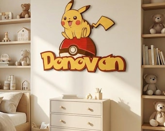 Personalized Wooden Name Sign for Kids Room, Custom Vinyl Printed Wall Decor, Electric Creature Theme Nursery Name Plaque Gift