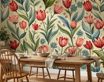 Vintage Floral Peel and Stick Wallpaper, Colorful Botanical Wall Mural for Bedroom or Living Room, Tulip Flower Removable Wall Decor