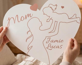 Plaque en bois personnalisée pour maman, décoration murale mère et enfant, prénom personnalisé coeur, cadeau fête des mères, art mural nom de famille