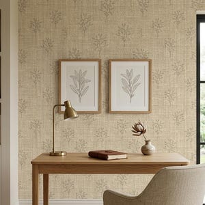 Neutral Botanical Wallpaper, Linen Texture Pattern, Peel and Stick Wallpaper