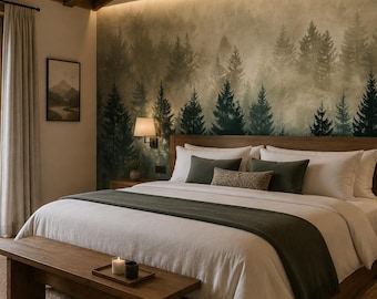 Neutral Misty Forest Wall Mural, Panoramic Evergreen Landscape Wallpaper