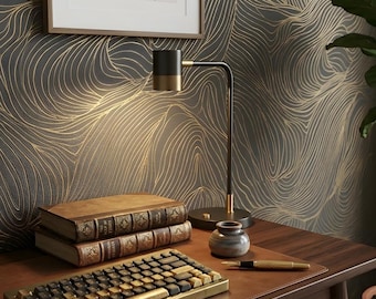 Papel pintado moderno Art Déco autoadhesivo, estampado abstracto de líneas doradas, mural geométrico de lujo, decoración de pared impactante.