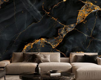Black Marble Wall Mural, Luxury Abstract Stone Wallpaper, Modern Dark Wall Decor