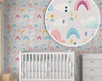 Papel tapiz de nubes arcoíris pastel, mural de pared para habitación infantil, para bebé, despegar y pegar, neutro en cuanto a género