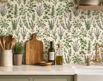 French Herb Garden Kitchen Wallpaper, Vintage Botanical Farmhouse Pattern