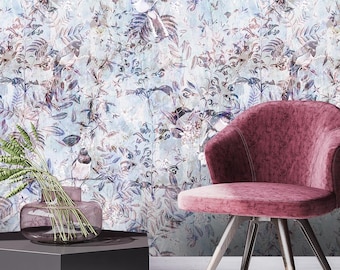Vintage Bird Botanical Wallpaper Mural, Cottagecore Nature Wall Art