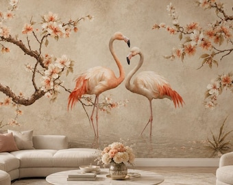 Blush Flamingo Wall Mural, Romantic Cherry Blossom Wallpaper