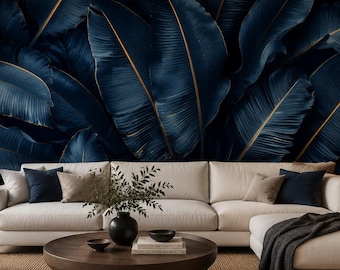 Tropical Leaf Wall Mural, Dark Botanical Wallpaper, Modern Nature Wall Decor