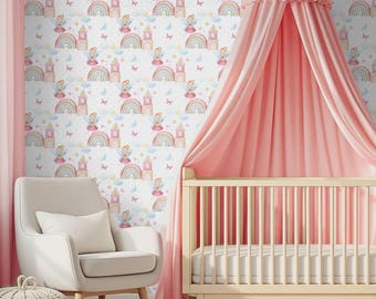 Fairy Princess Wallpaper, Rainbow Castle Mural, Girls Nursery Decor, Magical Kids Room Wallpaper
