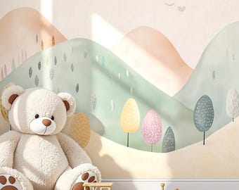 Pastel Mountain Nursery Wall Mural, Kids Room Landscape Wallpaper, Minimalist Scandinavian Wall Mural, Woodland Hills Baby Room Decor