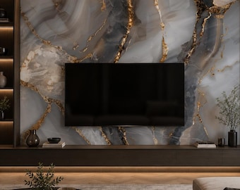 Gray Marble Wall Mural, Luxury Stone Wallpaper, Gold Vein Wall Decor, Modern Abstract Marble Mural, Custom Size Feature Wall