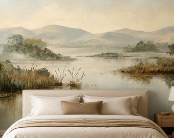 Serene Lakeside Mural Wallpaper, Neutral Landscape Wall Mural, Misty Lake View Wallpaper, Custom Size Wall Decor