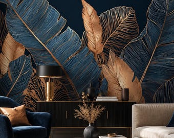 Dark Emerald Botanical Wall Mural, Luxury Tropical Leaf Wallpaper, Navy Blue Gold Jungle Mural, Peel and Stick Wallpaper