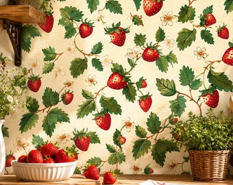 Strawberry Wallpaper Peel and Stick, Cottagecore Kitchen Wallpaper, Vintage Botanical Fruit Wall Mural, Farmhouse Decor