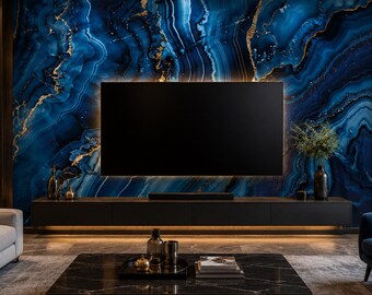 Abstract Blue Marble Wallpaper Peel and Stick, Luxury Geode Wall Mural, Navy Fluid Art Wallpaper, Dark Agate Decor