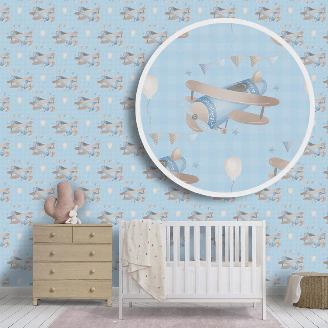 Blue Airplane Nursery Wallpaper, Vintage Travel Mural - Etsy