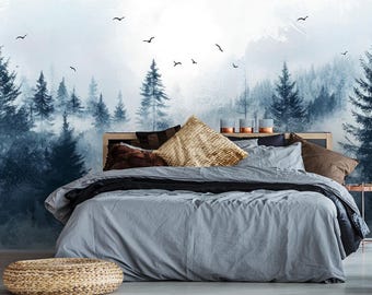 Misty Forest Wall Mural, Blue Grey Pine Tree Wallpaper