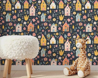 Mural de papel pintado con diseño de cabaña floral, decoración infantil original
