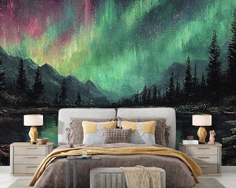 Northern Lights Wall Mural, Aurora Borealis Mountain Lake, Peel and Stick Wallpaper