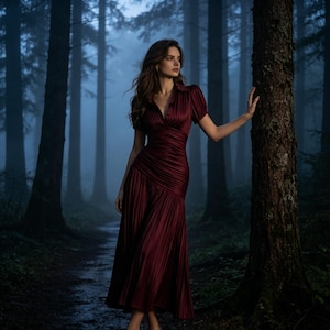 May include: A burgundy-colored dress with short sleeves and a V-neck. The dress has a fitted bodice and a flowing skirt. The woman is standing in a forest with tall trees and a path. The dress is made of a soft, flowing fabric.