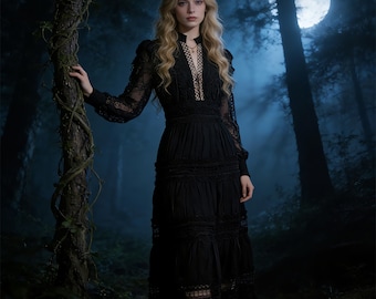 Customized labels,Gothic Black Lace Maxi Dress | Dark Forest Castle Hollow-Out Tiered Skirt Long Sleeve Elegant Goth Dress