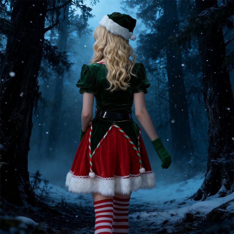 Velvet Elf Robe Gothic Elf Costume Set | Green Red Velvet Elf Dress With Hat ...