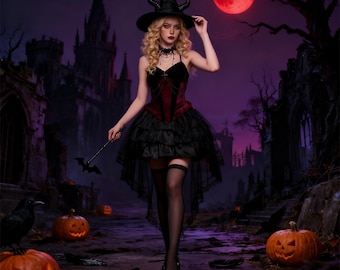 May include: A woman in a black witch costume with a black hat with horns, a red and black corset, and a black skirt. The background features a spooky castle, a red moon, and carved pumpkins, creating a Halloween theme.