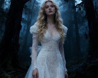 Individuelle Etiketten,Ethereal Mist Forest Gothic Lace Wedding Dress | Schiere Langarm Brautkleid mit V-Ausschnitt und Tüll Schleppe