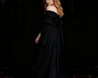 Customized labels,Gothic Off-Shoulder Maxi Dress | Victorian Ruffled Long Sleeve Gown for Valentine's Day & Dark Academia Style