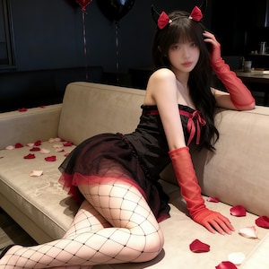 Op de afbeelding: Een zwart en rood duivelskostuum met een strapless top en een gelaagde rok. De outfit bevat rode handschoenen, een hoofdband met hoorns en visnetkousen. Rode en zwarte hartvormige ballonnen zijn op de achtergrond.